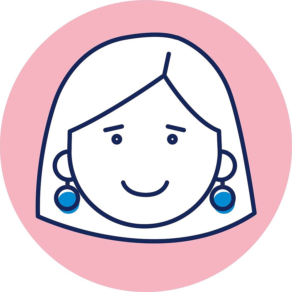 Eine einfache, stilisierte Illustration einer lächelnden Frau mit glattem Haar, die runde blaue Ohrringe trägt. Die Zeichnung ist dunkelblau umrandet und steht vor einem rosa kreisförmigen Hintergrund.