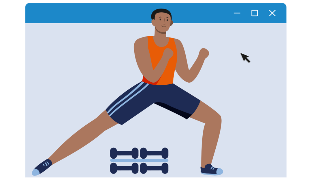 Illustration einer Person, die vor einem Computerfenster trainiert. Sie trägt ein orangefarbenes Tanktop und blaue Shorts, steht in einer breiten Haltung mit angewinkelten Armen und zwei Hanteln auf dem Boden.