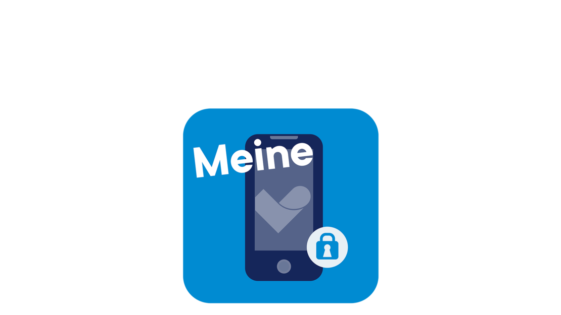 Illustration eines Smartphones mit einem Häkchen auf dem Bildschirm, einem kleinen Vorhängeschloss-Symbol unten rechts und dem deutschen Wort "Meine" in fetten weißen Buchstaben über dem Telefon, alles auf blauem Hintergrund.