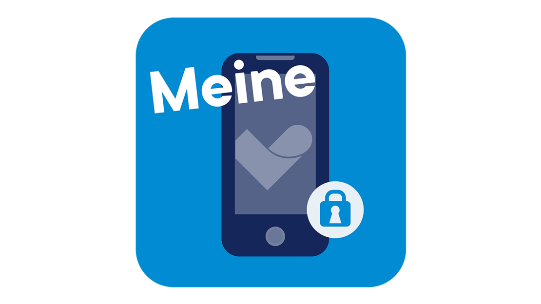 Illustration eines Smartphones mit einem Häkchen auf dem Bildschirm, einem kleinen Vorhängeschloss-Symbol unten rechts und dem deutschen Wort "Meine" in fetten weißen Buchstaben über dem Telefon, alles auf blauem Hintergrund.