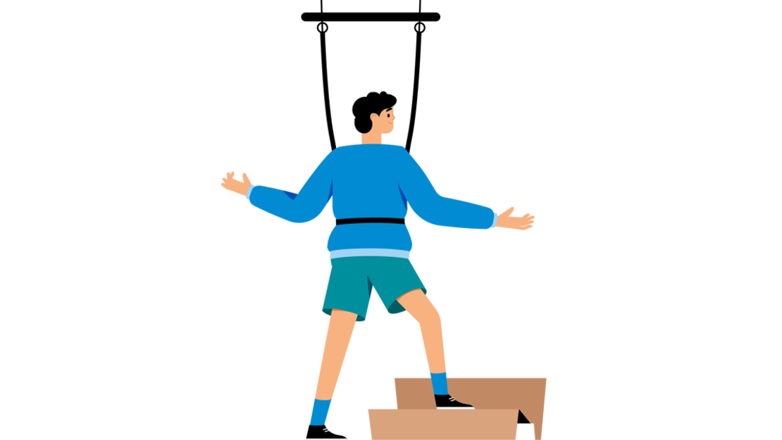 Illustration einer stehenden Person, die einen Basketball unter einem Arm hält, ein blaues Hemd, blaue Shorts, blaue Socken und schwarze Schuhe trägt und zur Seite schaut.
