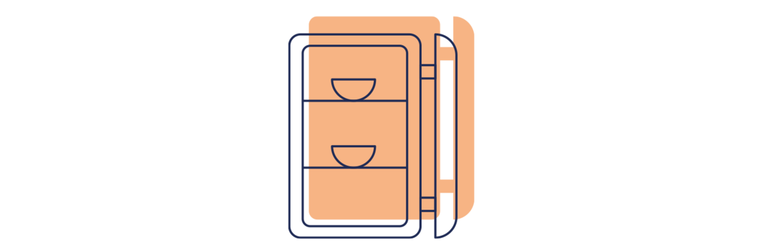 Minimalistische Illustration eines Aktenschranks mit zwei Schubladen, dargestellt in Pfirsich und blau umrandet, vor einem schlichten hellgrauen Hintergrund.