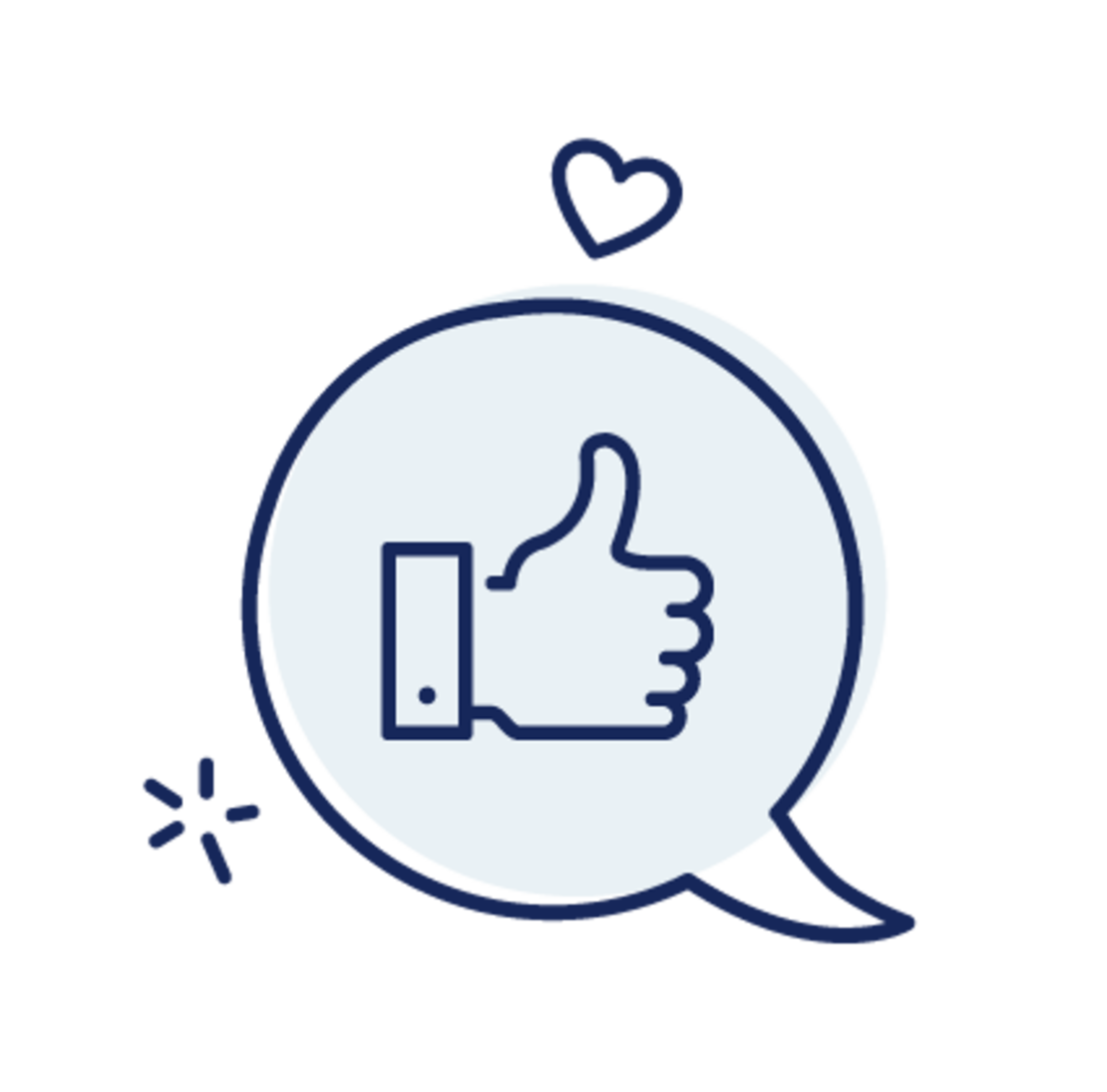 Umriss eines Daumen-hoch-Symbols in einer Sprechblase, mit einer kleinen Herzform darüber und zwei Linien, die Aufregung oder Betonung an der Seite andeuten. Das Design ist minimalistisch und verwendet einfache blaue Linien.