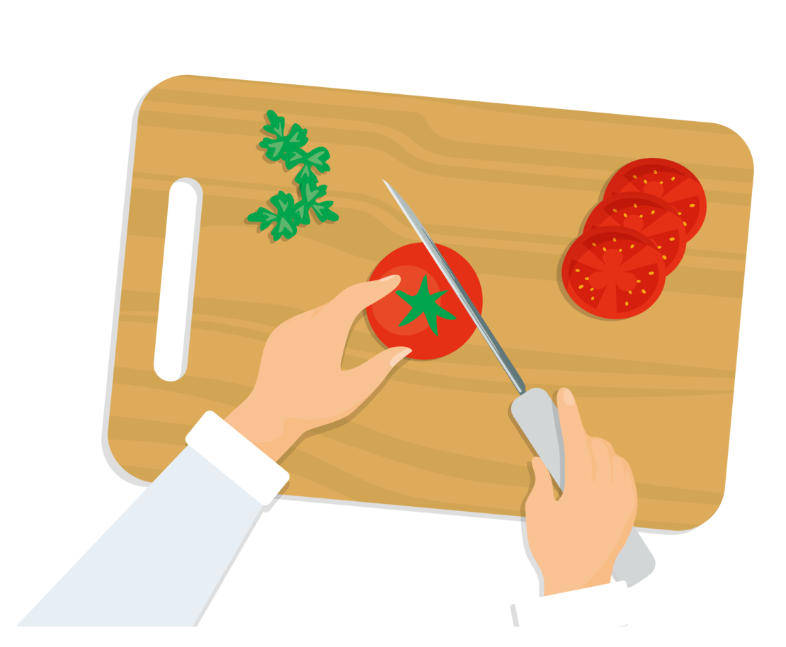 Illustration: Eine Person schneidet eine Tomate auf einem hölzernen Schneidebrett in Scheiben; auf dem Brett befinden sich bereits einige Tomatenscheiben und gehackte Blattkräuter.