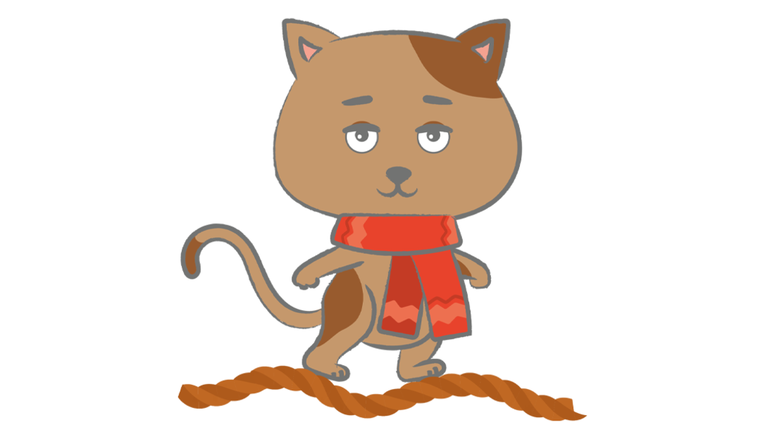 Cartoon-Illustration einer braunen Katze mit einem dunkleren braunen Fleck auf dem Kopf, die einen roten Schal mit orangefarbenen Mustern trägt und aufrecht auf einer orange gestreiften Fläche steht.