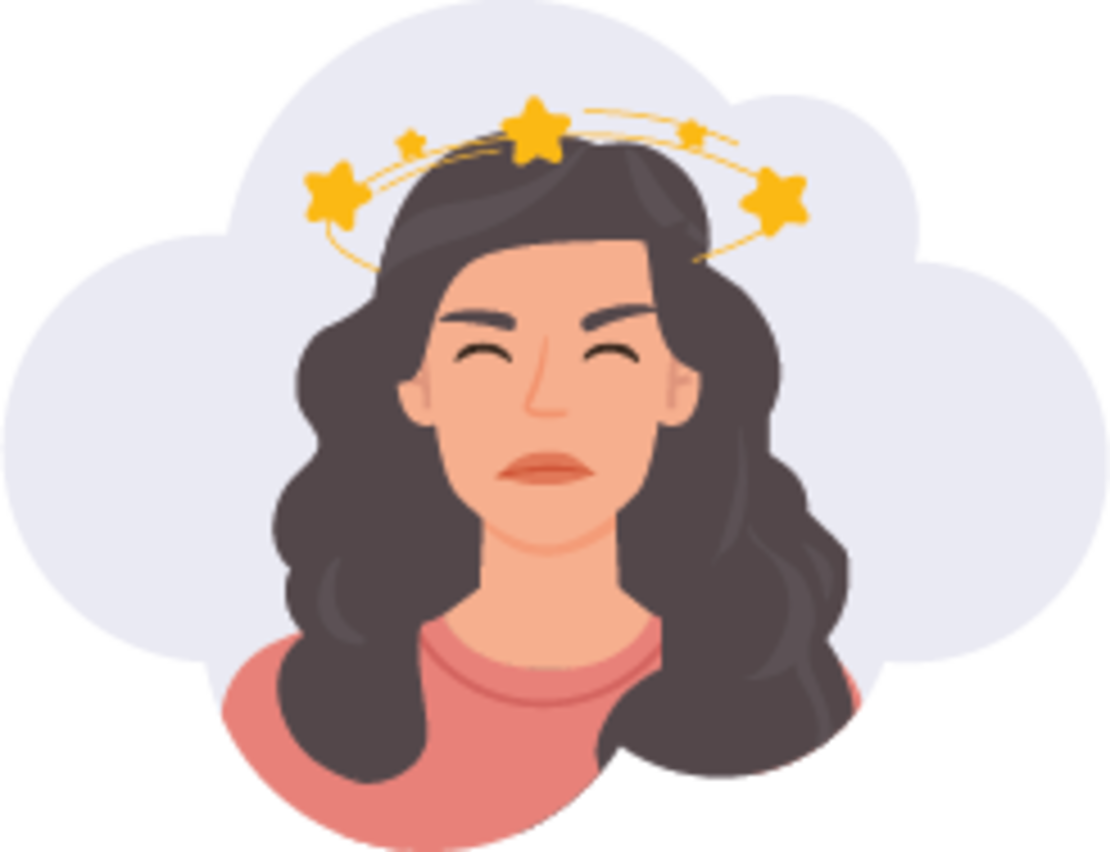 Illustration einer Frau mit langen dunklen Haaren und einem rosafarbenen Hemd, die Augen geschlossen, mit gelben Sternen, die über ihrem Kopf kreisen und Schwindel oder Verwirrung suggerieren, vor einem hellen wolkenartigen Hintergrund.