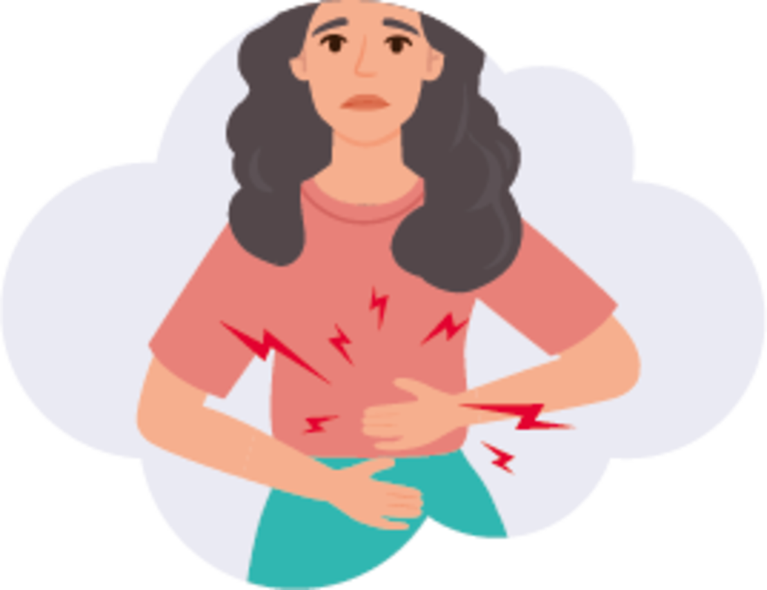 Illustration einer Frau mit langen dunklen Haaren, die sich den Bauch hält und Schmerzen zu haben scheint. Rote Blitzsymbole um ihren Bauch zeigen Unbehagen oder Magenschmerzen an.