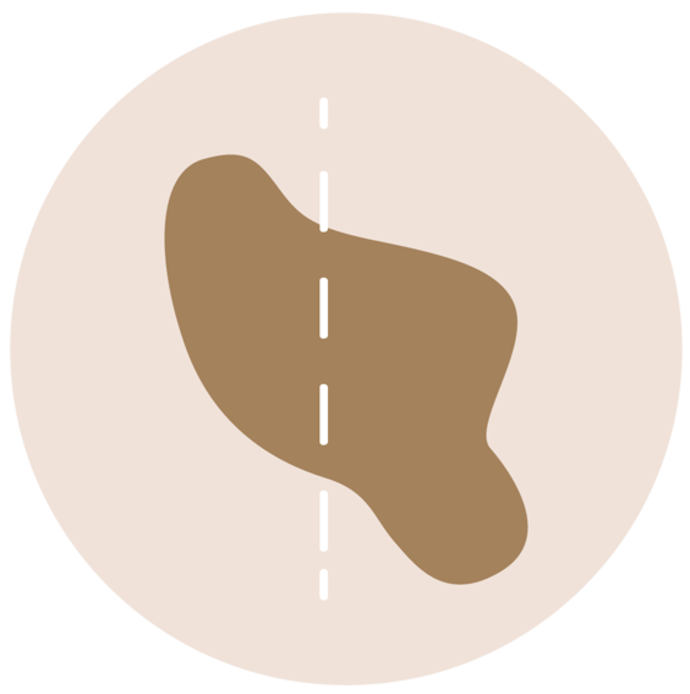 Ein einfaches abstraktes Design mit einer unregelmäßigen braunen Form über einem hellbeigen Rechteck, mit einer vertikalen gestrichelten weißen Linie in der Mitte, alles vor einem weißen Hintergrund.