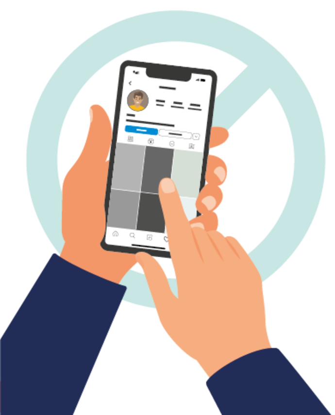 Illustration einer Person, die ein Smartphone benutzt und ein Social-Media-Profil mit mehreren leeren Bildern durchsucht, vor einem großen Verbotssymbol im Hintergrund.