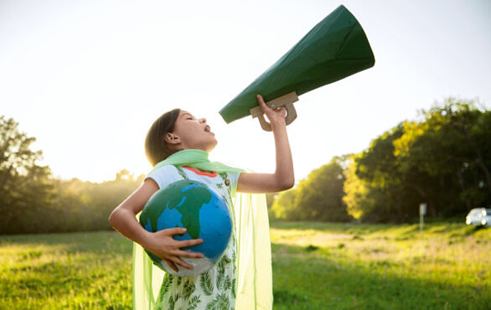 Kind ruft draußen durch ein Sprachrohr