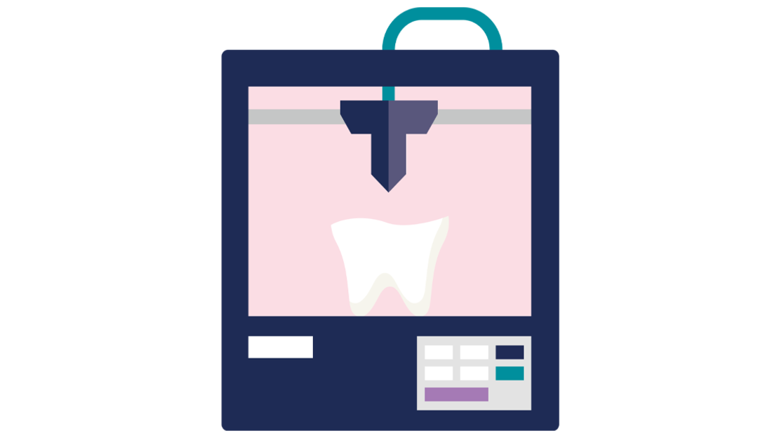 Abbildung eines 3D-Druckers, der ein Modell eines weißen Zahns herstellt, dargestellt durch eine transparente Frontplatte mit Bedientasten und einem Griff an der Oberseite.