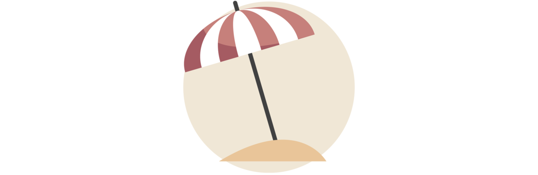 Minimalistische Illustration eines Strandstuhls unter einem rot-weiß gestreiften Sonnenschirm vor einem schlichten hellen Hintergrund.