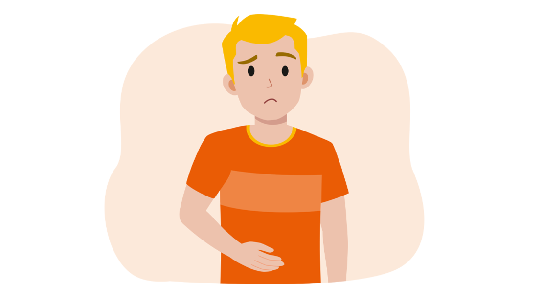 Illustration eines besorgt dreinblickenden Jungen mit blondem Haar und einem orangefarbenen Hemd, der sich mit einer Hand den Bauch hält, was darauf hindeutet, dass er sich unwohl fühlt oder Magenschmerzen hat.