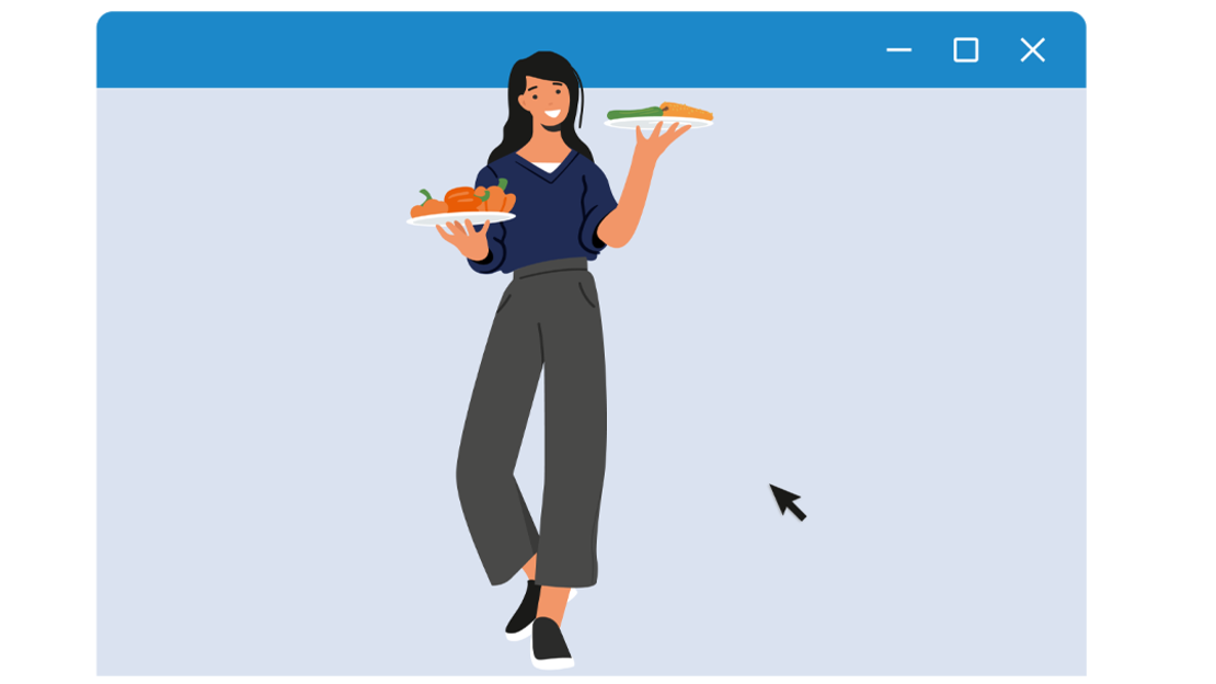 Illustration einer lächelnden Frau, die in einem Webbrowser-Fenster steht und in der einen Hand einen Teller mit Gemüse und in der anderen Hand einen Teller mit einem Sandwich hält. Ein Mauszeiger ist in der Nähe ihrer Füße zu sehen.