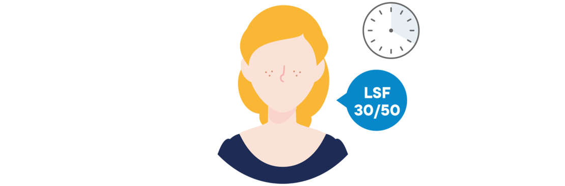 Minimalistische Illustration einer Person mit blonden Haaren und einem marineblauen Hemd, neben einer grauen Uhr und einem blauen Kasten mit dem Text "LSF 30/50".