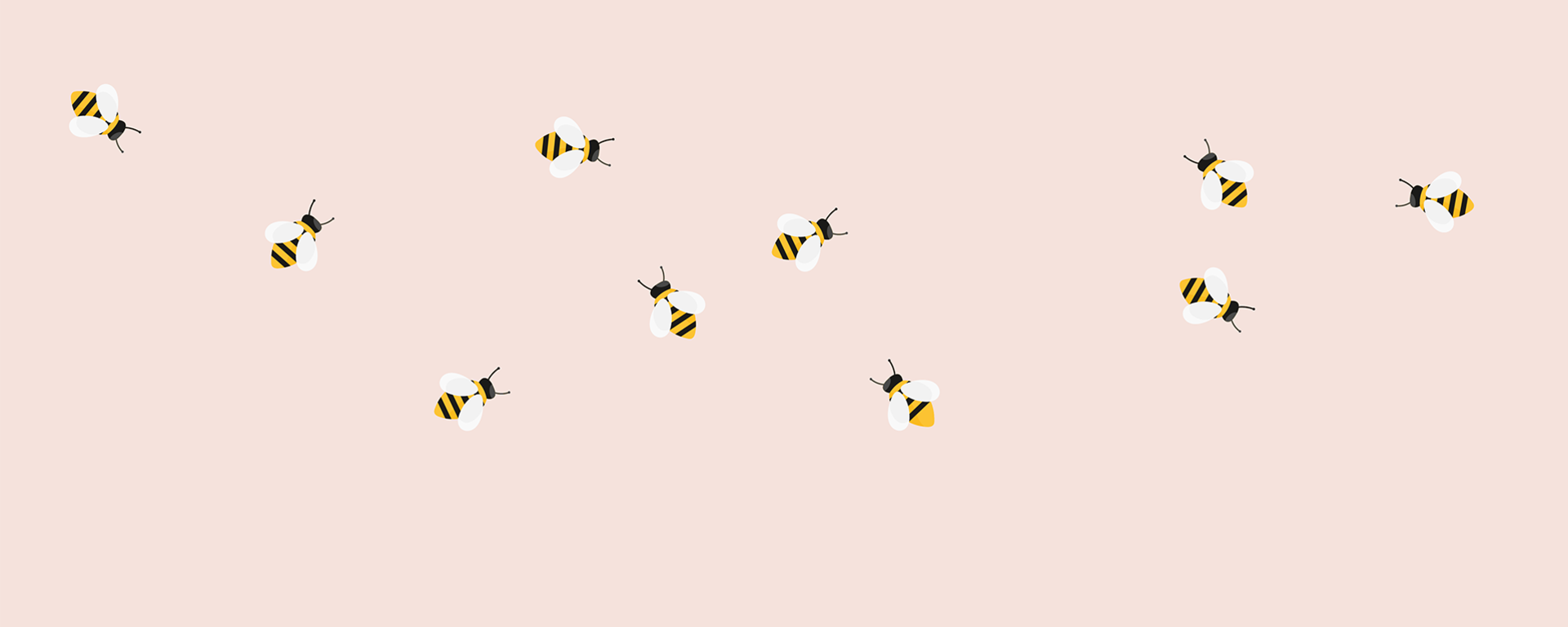 Illustration von neun Bienen mit schwarzen und gelben Streifen und weißen Flügeln, verstreut auf einem hellrosa Hintergrund.