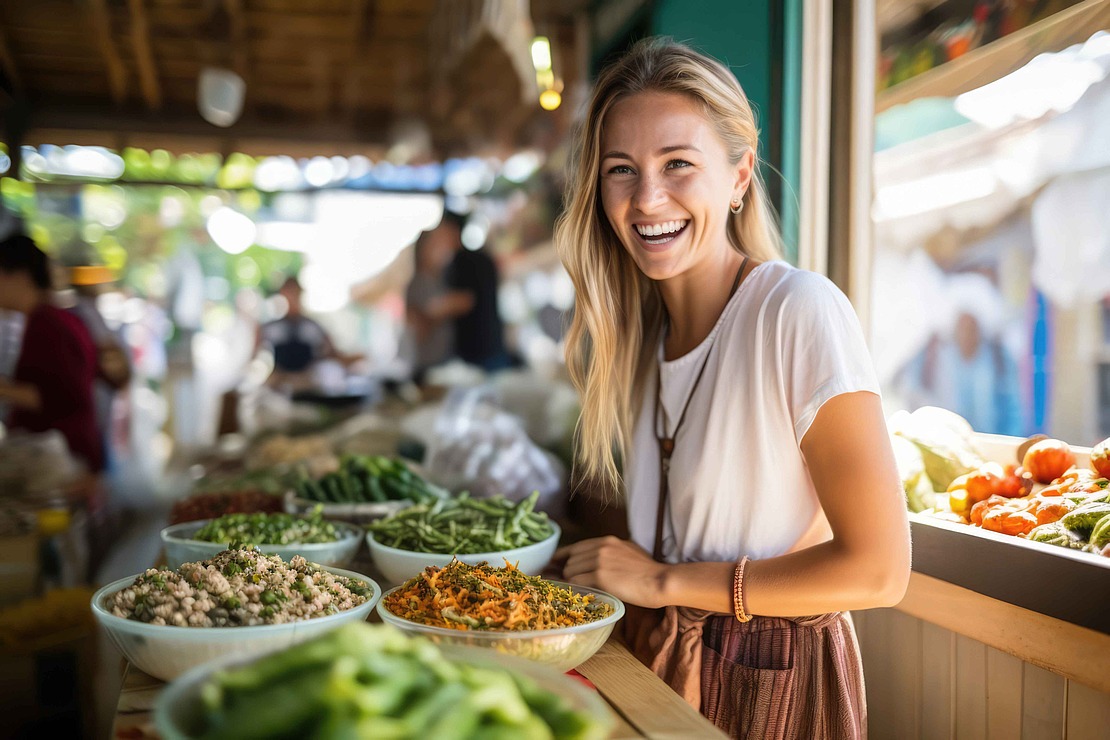 Eine lächelnde Frau steht an einem Marktstand im Freien mit Schalen mit frischem Gemüse und Salaten auf der Theke, während das Sonnenlicht hereinströmt und die Leute im Hintergrund stöbern.