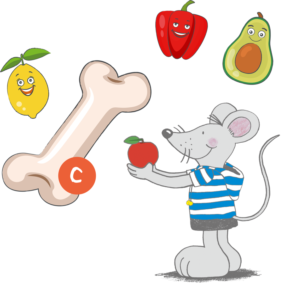 Eine lächelnde Cartoon-Maus in einem gestreiften Hemd hält eine rote Frucht. Darüber schweben eine fröhliche Zitrone, eine rote Paprika und eine Avocado zusammen mit einem großen Knochen mit der Aufschrift "C". Alle Figuren haben freundliche Gesichter.