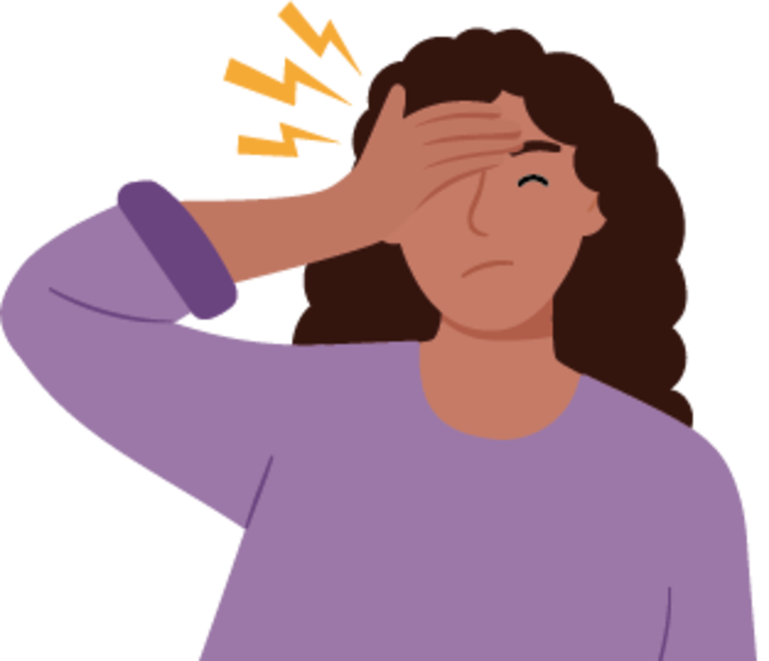 Illustration einer Person mit langem, dunklem Haar, die ein lila Hemd trägt und sich mit schmerzverzerrtem Gesichtsausdruck die Hand an die Stirn hält, während über ihrem Kopf gelbe Blitze zu sehen sind, die auf Kopfschmerzen hindeuten.