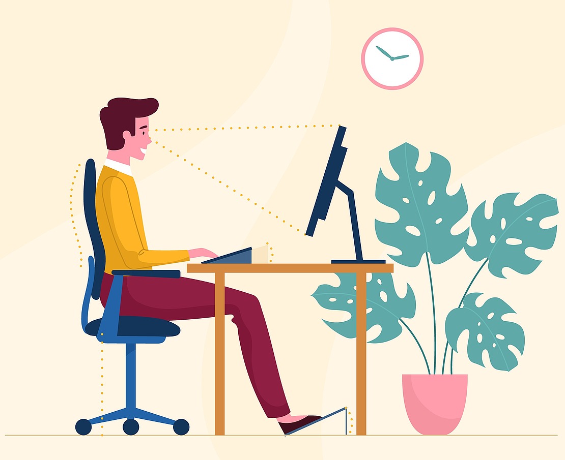 Illustration eines Mannes, der aufrecht an einem Schreibtisch sitzt und auf einen Computermonitor in Augenhöhe schaut. Er übt eine gute Körperhaltung, die Füße stehen flach auf dem Boden. Im Hintergrund sind eine Uhr und eine Topfpflanze zu sehen.