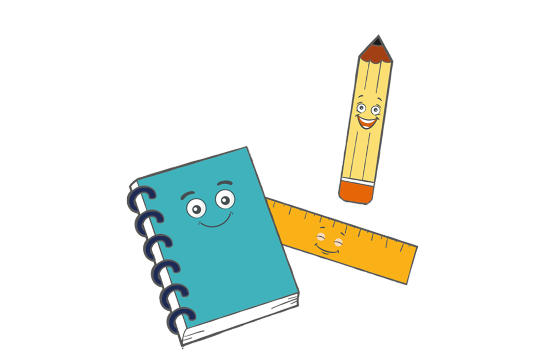 Illustration eines blauen Spiralnotizbuchs, eines gelben Bleistifts und eines gelben Lineals, jeweils mit einem lächelnden Cartoon-Gesicht und ausdrucksstarken Augen, angeordnet auf einem grauen Hintergrund.