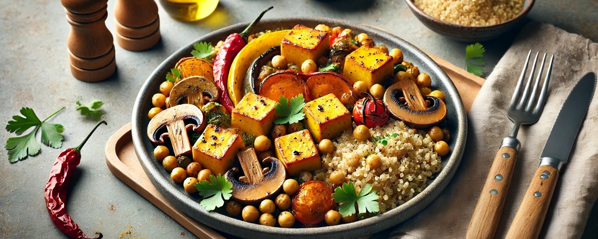 Ein Teller mit geröstetem Kürbis, Gemüse, Kichererbsen und Quinoa ist mit Petersilie garniert. Um den Teller herum stehen drei Pfeffermühlen, eine Chilischote, eine Schüssel mit Quinoa, Olivenöl und eine kleine Schale mit Kurkuma.