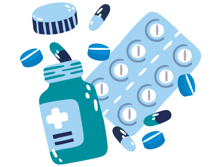 Illustration einer Medikamentenflasche mit einem Kreuzetikett, Pillen, Kapseln, einem Flaschendeckel und einer Blisterpackung mit Tabletten, die auf einem weißen Hintergrund verstreut sind.