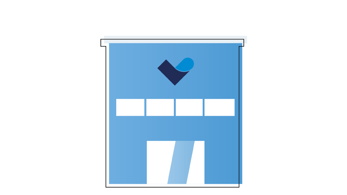 Eine einfache Illustration eines blauen Gebäudes mit vier weißen Fenstern, einer großen weißen Tür und einem geometrischen Logo über den Fenstern an der Frontfassade.