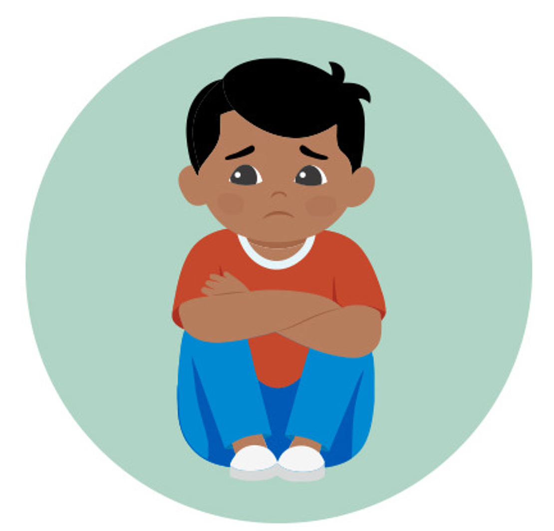 Illustration eines traurigen Jungen mit dunklem Haar, der auf dem Boden sitzt, die Arme über den Knien verschränkt, ein rotes Hemd, blaue Hosen und weiße Schuhe trägt, vor einem grünen ovalen Hintergrund.