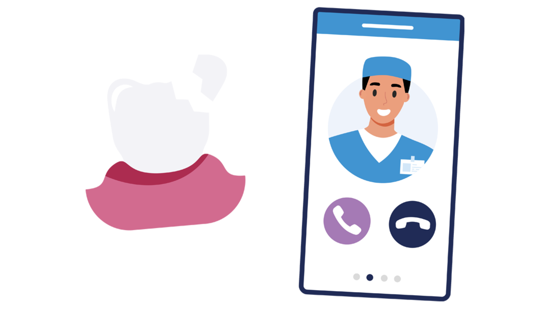 Abbildung eines abgebrochenen Zahns im Zahnfleisch neben einem Smartphone-Bildschirm, auf dem ein lächelnder Zahnarzt im Kittel zu sehen ist, mit sichtbaren Tasten für Anruf und Gesprächsende.