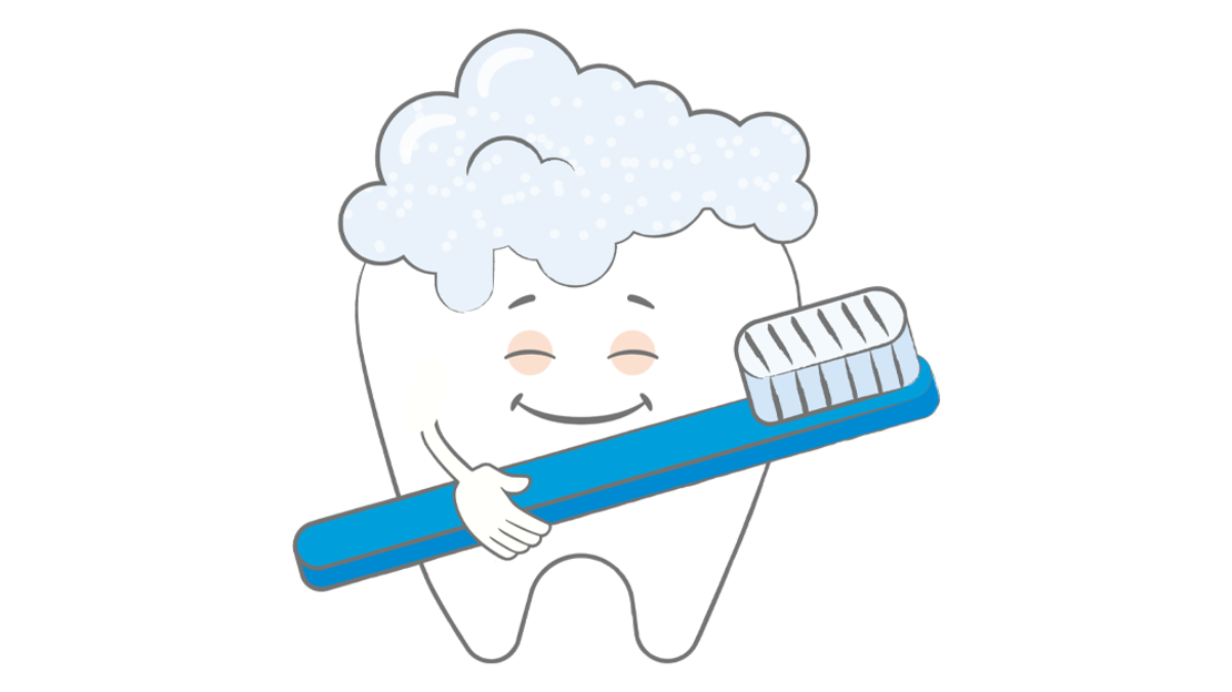 Cartoon Zahn mit einem glücklichen Gesicht, hält eine blaue Zahnbürste und in weißen Schaum auf der Oberseite bedeckt, symbolisiert Zahnhygiene.