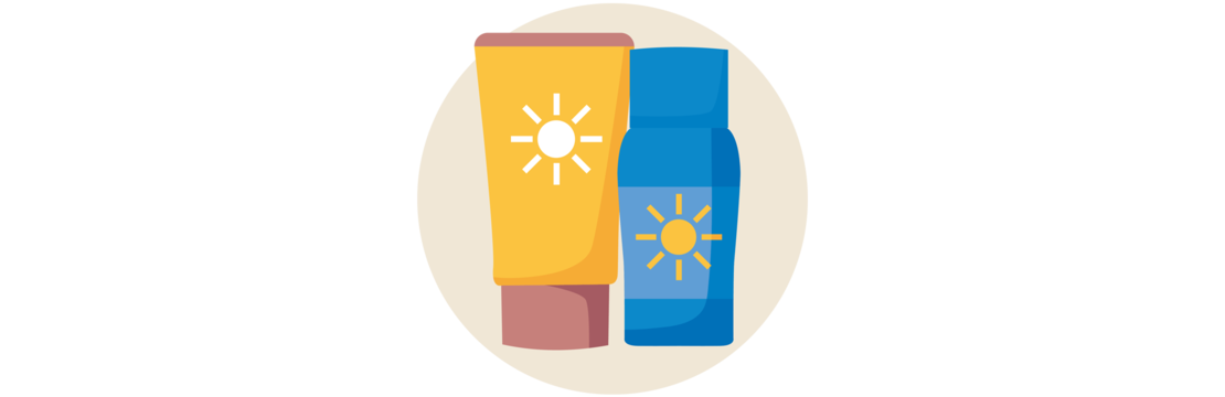 Zwei Sonnenschutzflaschen, eine gelbe und eine blaue, jeweils mit einem Sonnensymbol auf der Vorderseite, abgebildet auf einem hellen Hintergrund.