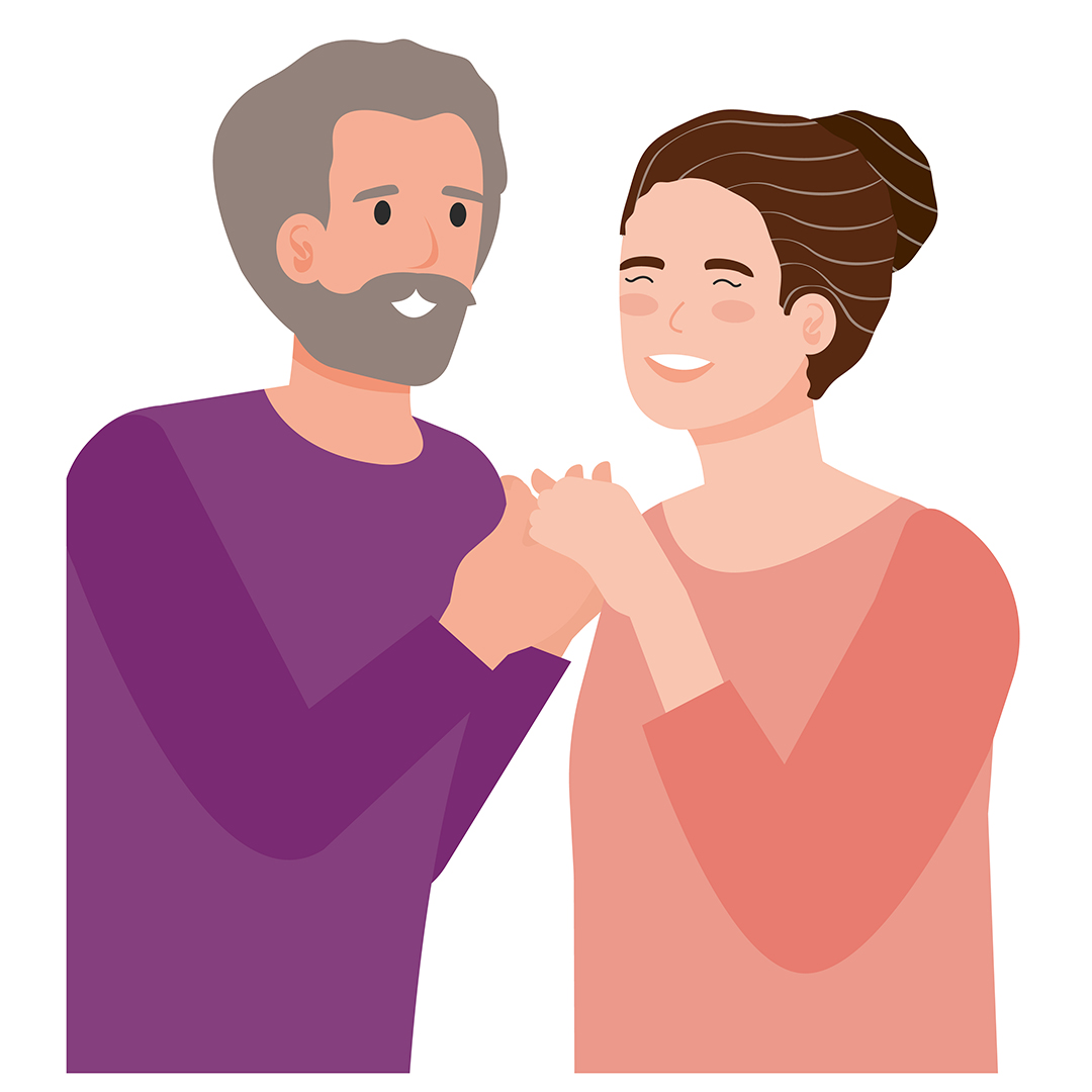 Abbildung eines lächelnden grauhaarigen Mannes mit Bart, der die Hand einer lächelnden älteren Frau hält. Sie schauen sich liebevoll an.