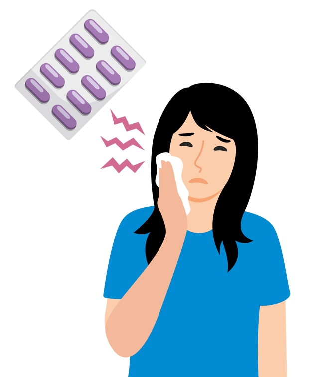 Illustration einer Frau, die sich mit traurigem Gesichtsausdruck die Wange vor Schmerzen hält, mit rosa Zickzacklinien, die auf Schmerzen hinweisen, und einer Blisterpackung mit lila Pillen über ihr, die auf Medikamente zur Linderung hinweisen.